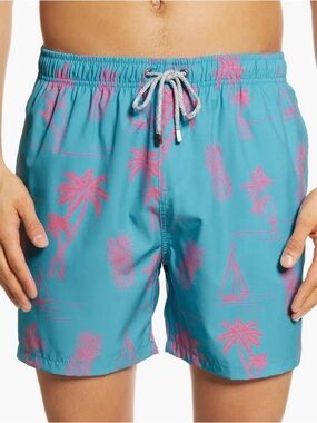 Vintage Summer Men's Swim Trunks Tropical Palm Tree Pineapple Blue Pink